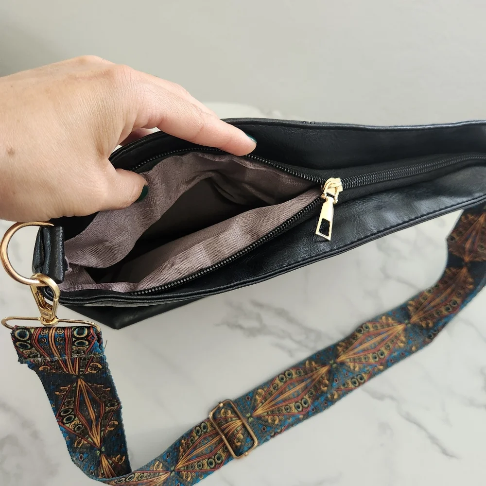 Unisex Black Pu Leather Tote Bag With Patterned Boho Strap - Picture 12 of 15